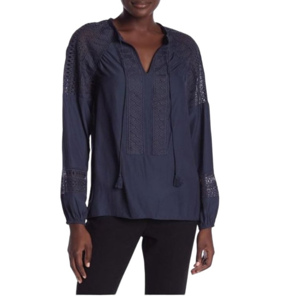 Ramy Brook Winnie Lace Panel Long Sleeve Blouse Navy Crochet Flounce Sleeve M